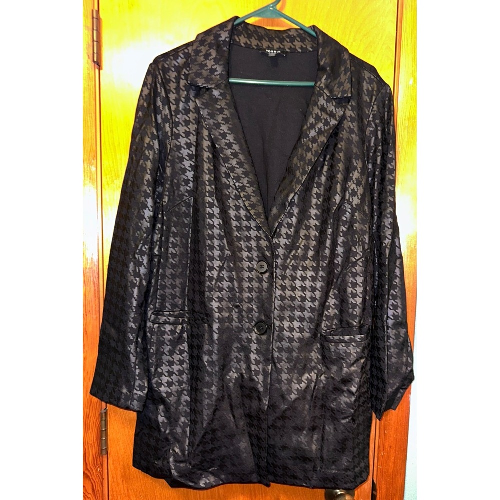 Torrid Plus Womens Black Houndstooth Pattern Button Front Long Blazer Jacket 2XL
